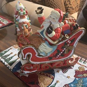 Vintage ceramic music Santa in sleigh with gifts and deer